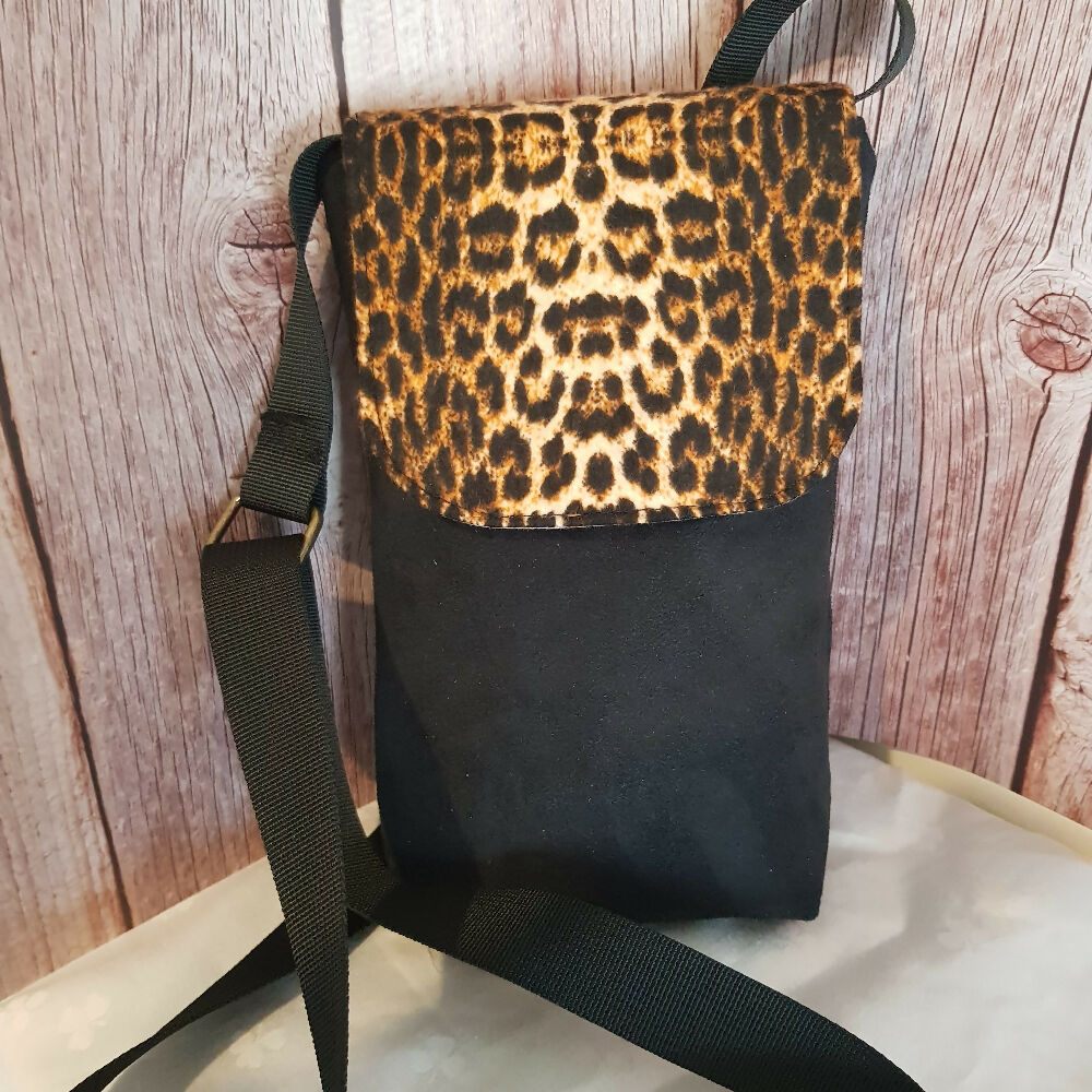 Upcycled mobile phone crossbody - suede & leopard print