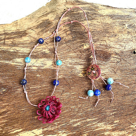 Necklace Knotted Gemstone Beads Flower Pendant Pink Blue