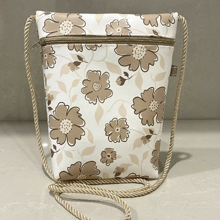 Cross Body Shoulder Bag - Beige Floral Faux Leather #1