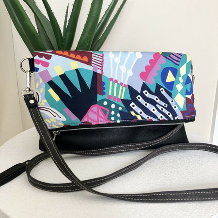 Fold Over Crossbody Clutch Bag in Lively Print Fabric, Grey Canvas and Leather