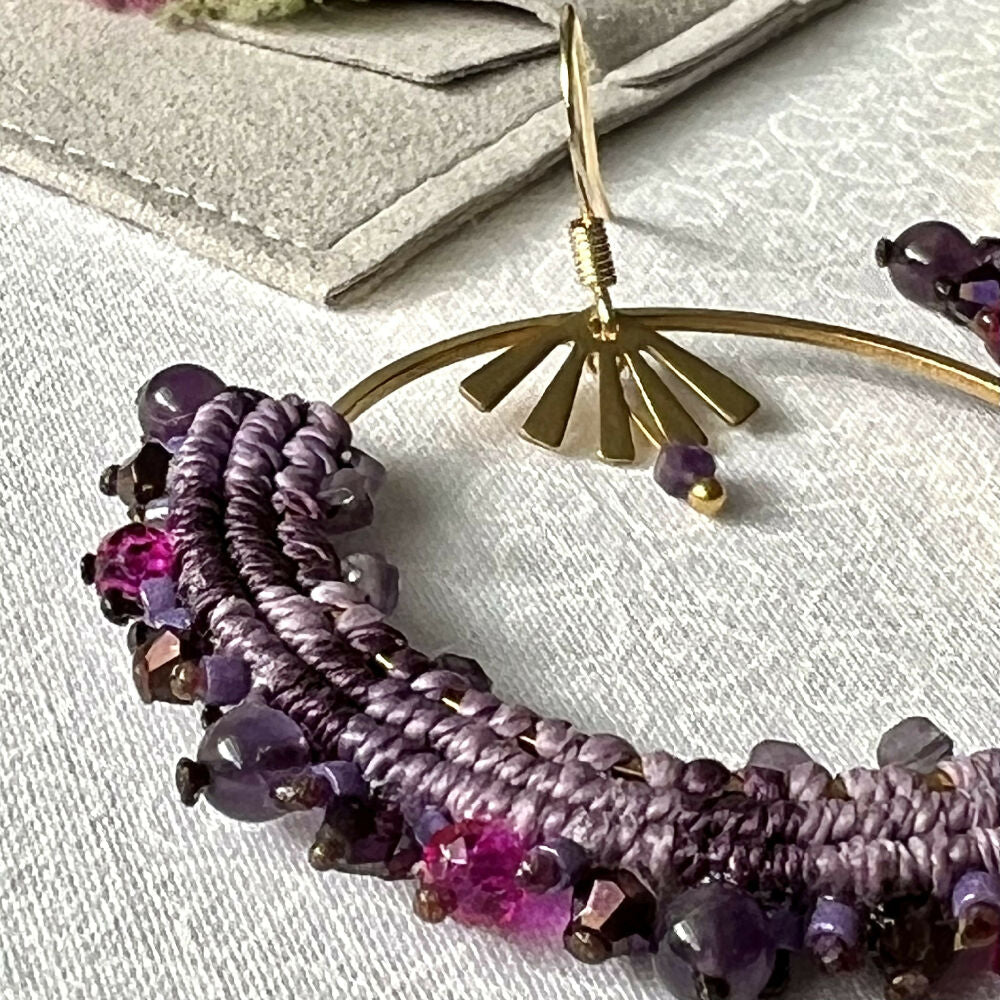 Large Purple Micro Macrame Earrings - Amethyst +Free Microfibre Pouch