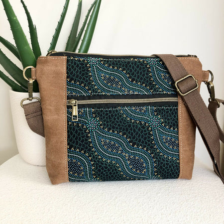Cross Body Handbag in Tan Canvas and Green/Blue Indigenous Fabric