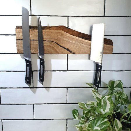 Wall mounted Magnetic Knife Holder, 40cm, Holds 7 knives,W. A. Made, Beautiful Marri Timber, Beautiful Wedding Present or Anniversary Gift, Natural Edge