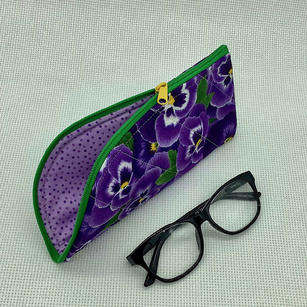 Pansies curved top zip pouch for glasses, phones, handbag organiser, etc.