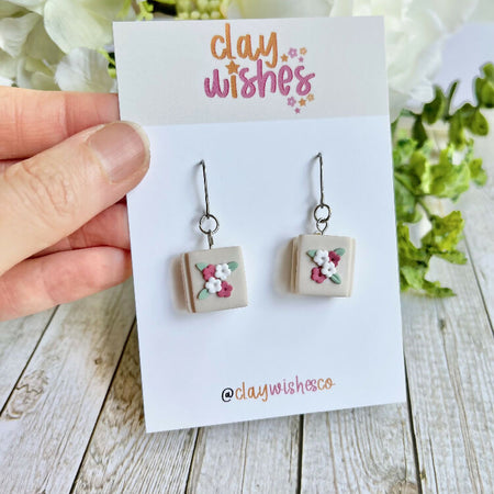 Books with White and Pink Flowers, Lightweight Polymer Clay Earrings