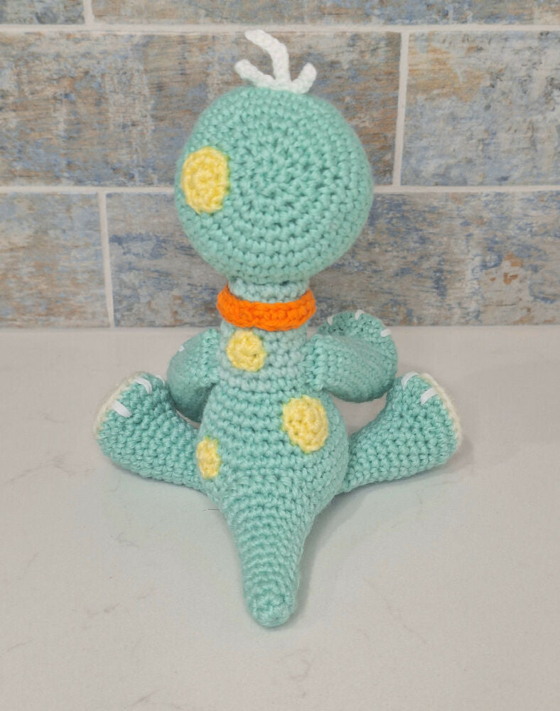 Hand made Dotty the dinosaur crocheted toy