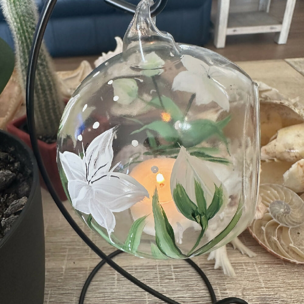 Glass Hanging Candle Holder Painted With Lilies