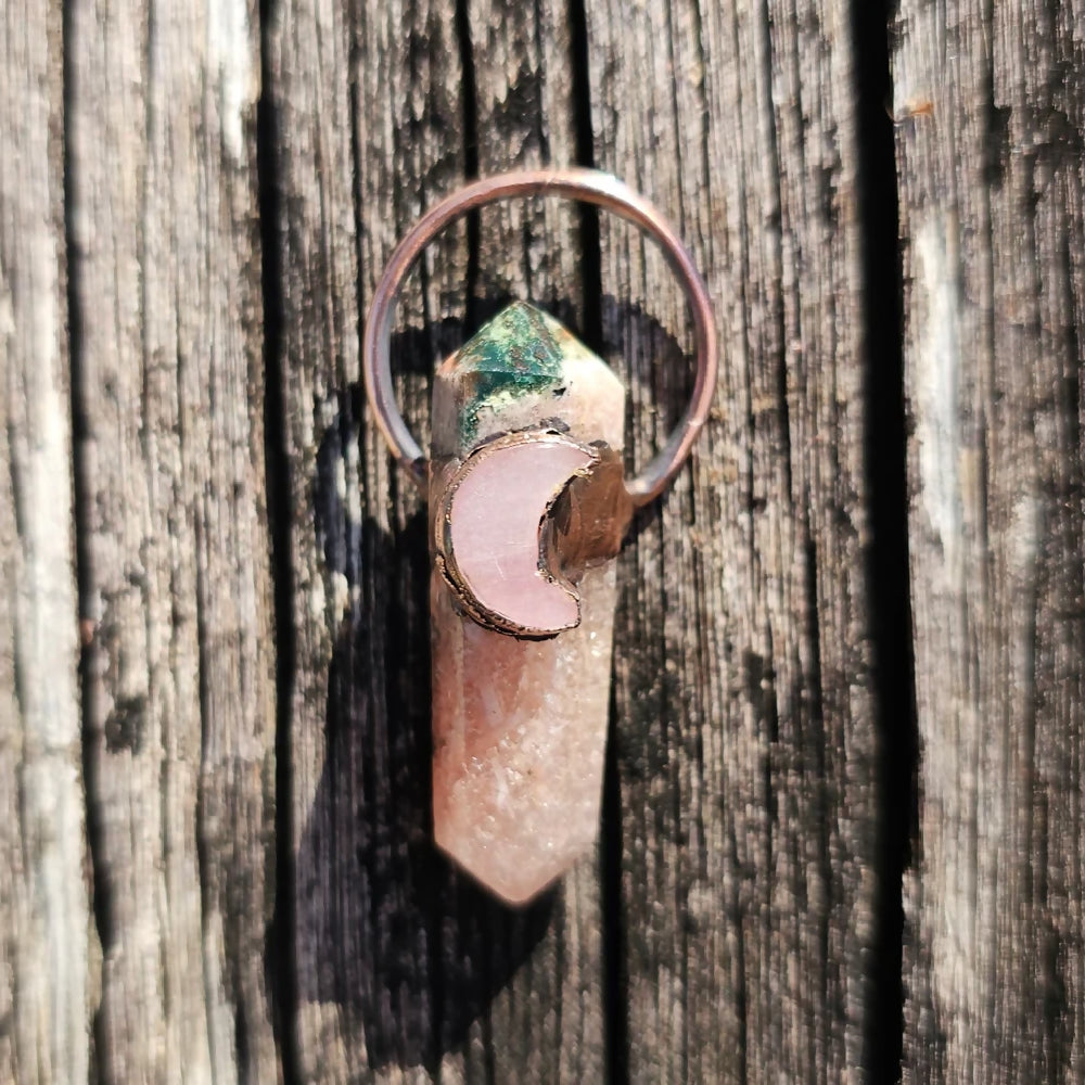 kunzite crescent moon and pink amethyst crystal copper electroformed pendant necklace, jewellery, ooak