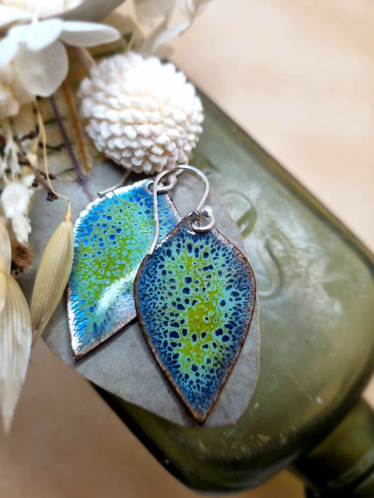Unique Layers Of Green & Blue Creating Deep Vivid Enamel Earrings
