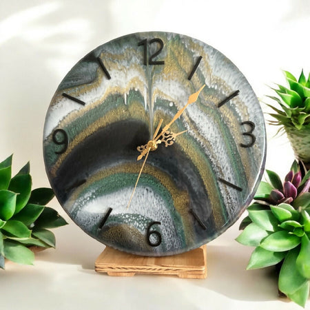 Timber Clock | 30cm Resin | Green/White/Silver