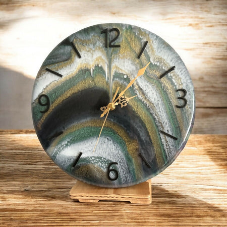 Fluid Art / Resin Clock GREEN/WHITE/SILVER - The Sinkhole