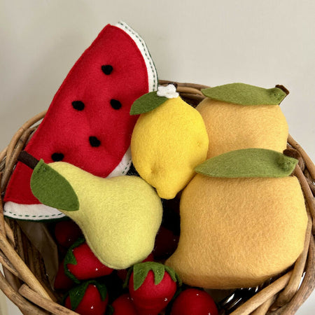 Fruit basket, felt play food, lemon, watermelon, mango, strawberry