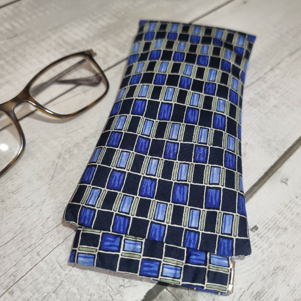 Flex frame glasses pouch, upcycled tie - cobalt, navy pattern