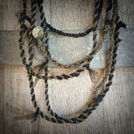 Extra Long Boho Necklace - upcycled fabric - black & gold