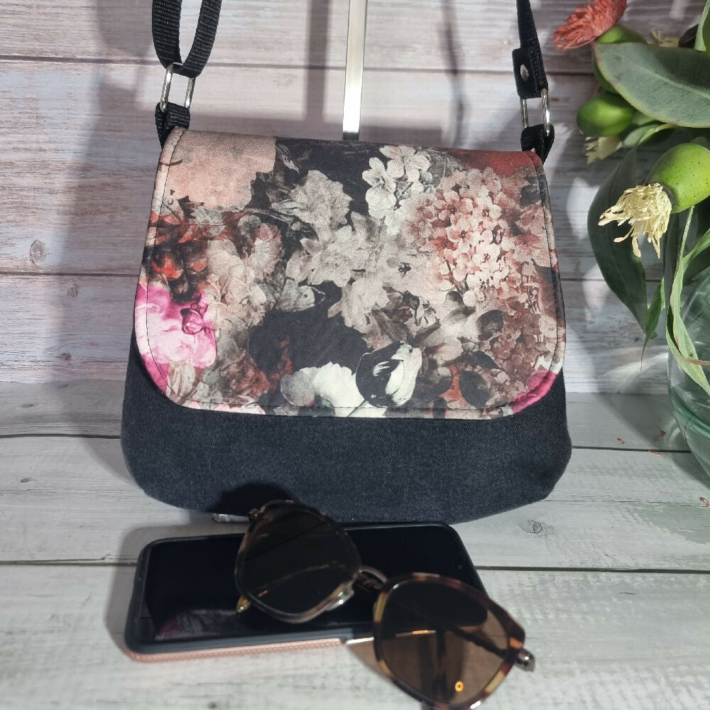 Upcycled mini messenger bag - black & dusty pink flowers