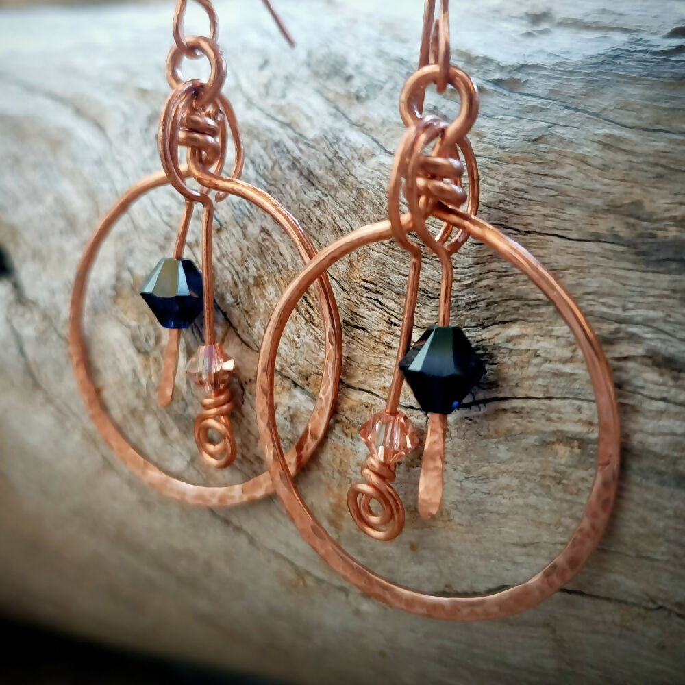 handmade copper hoop earrings with crystal dangles 3