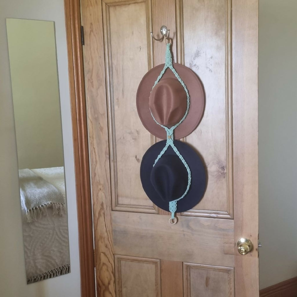 dual hang double hat hanger bead detail seafoam full macrame