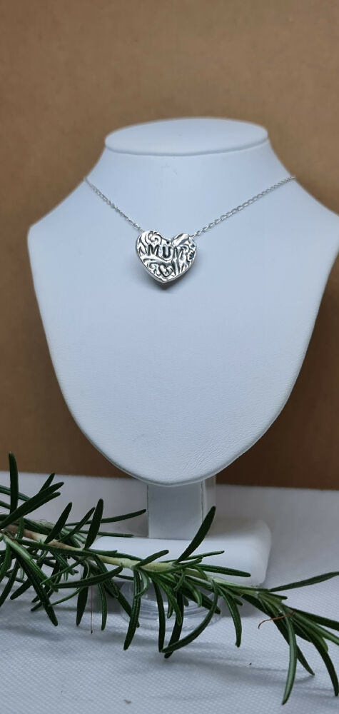 Handmade Fine Silver Mum Heart Textured Pendant