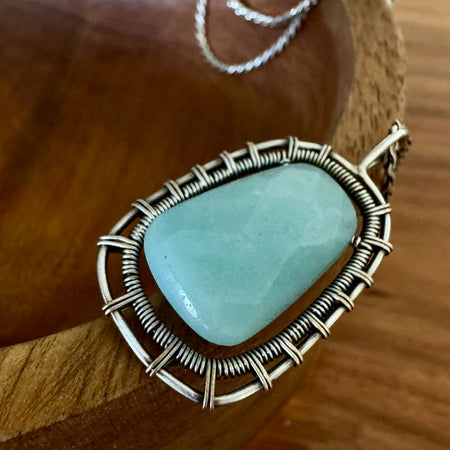 Sterling Silver Faceted Amazonite Woven Wire Wrapped Pendant