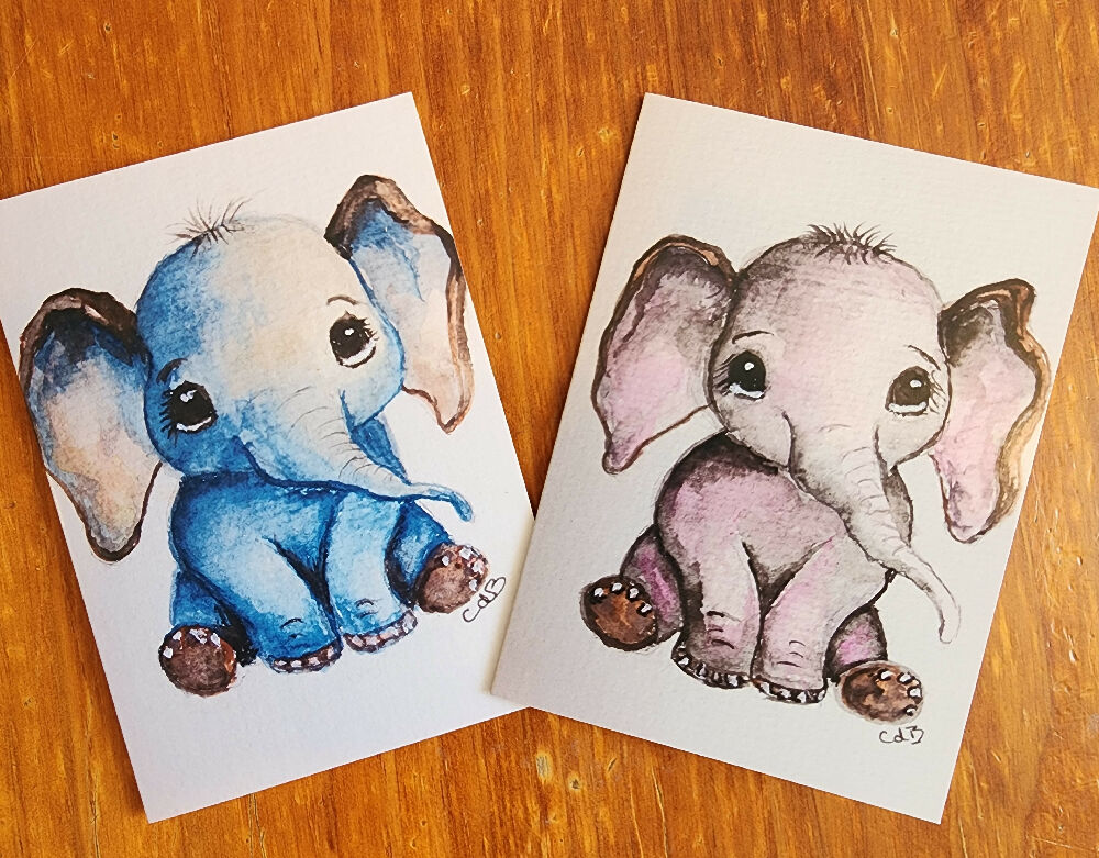 Pink Baby Elephant Watercolour Card