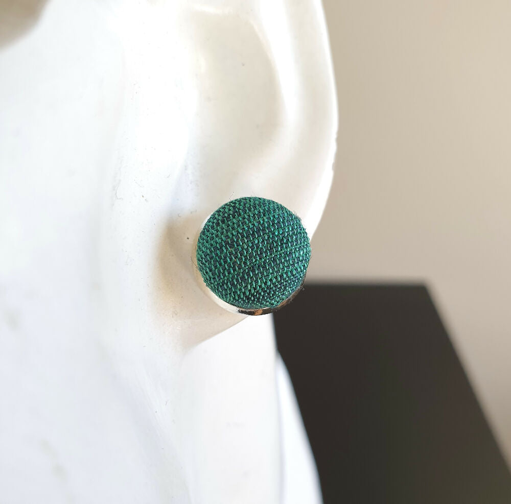 1.4cm Round Green Gradient Japanese Kimono Fabric Silver colour Cabochon stud earrings