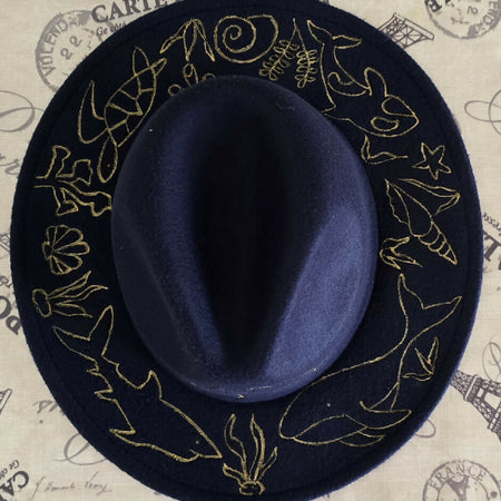 Gold paint ocean theme fedora hat