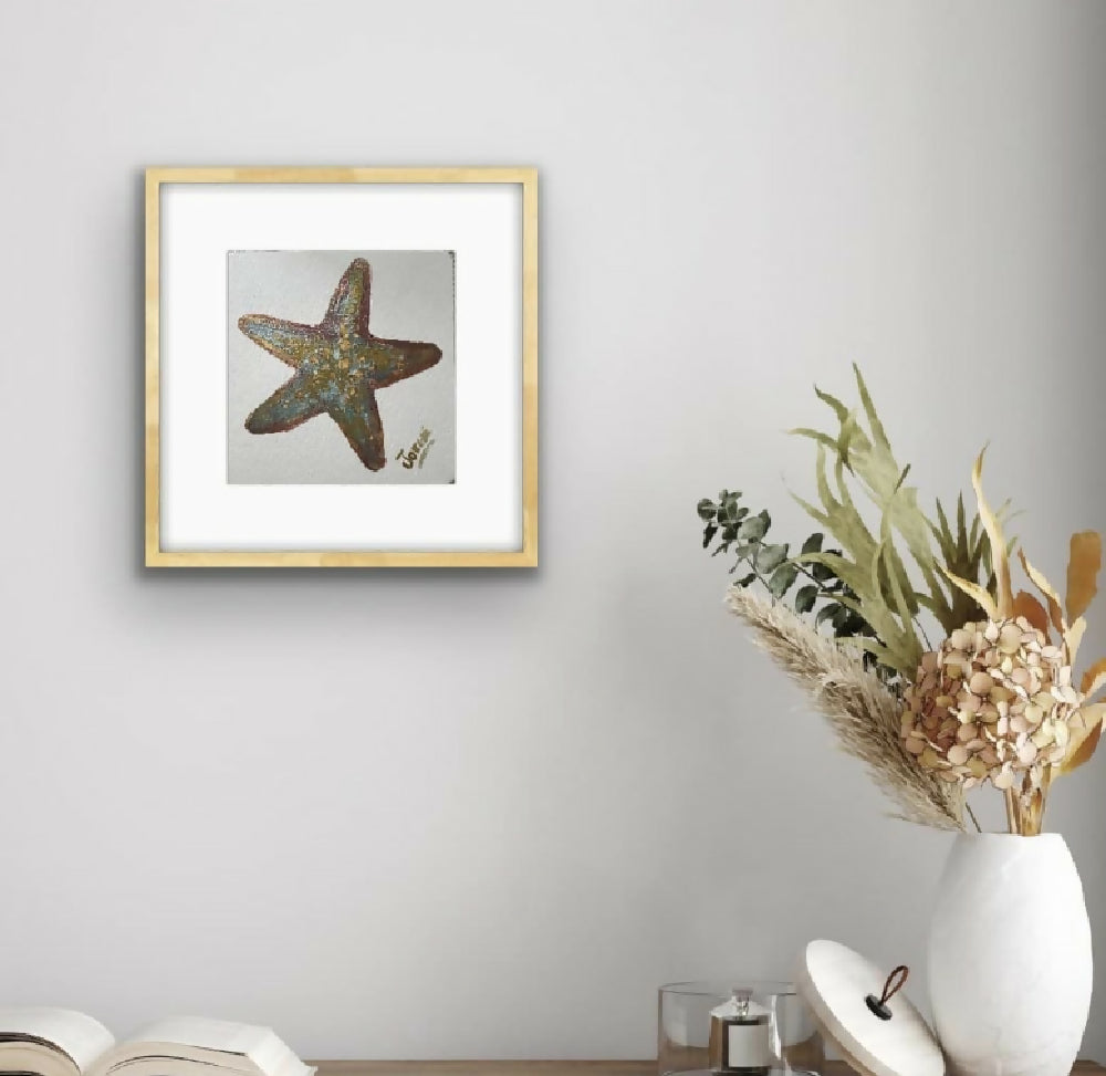 watercolor starfish , framed stylish minimalism artwork , original signed art