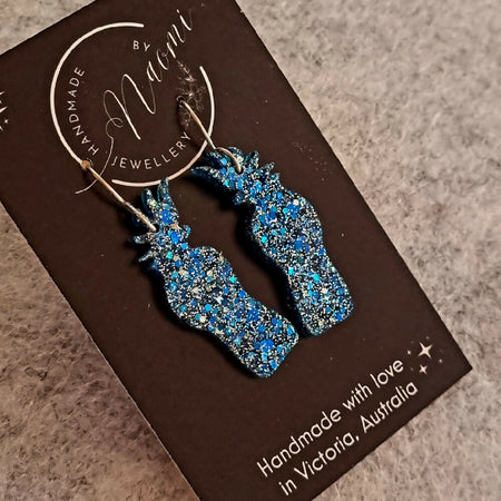 Australian themed resin blue glitter dangle hook earrings