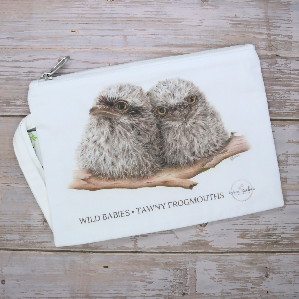 Australian-artist-illustration-tawny-frogmouth-chicks-zip-pouch-clutch-front