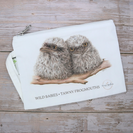 White Zip Pouch Clutch Ringtail Possums or Tawny Frogmouths