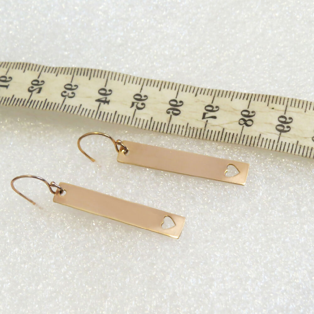 14/20K ROSE Gold Bar Drop Earrings w Heart