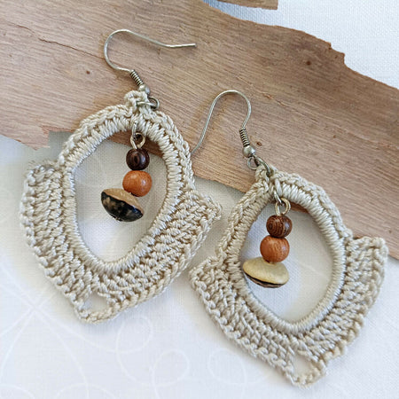 Cream Earrings with Wood Beads
