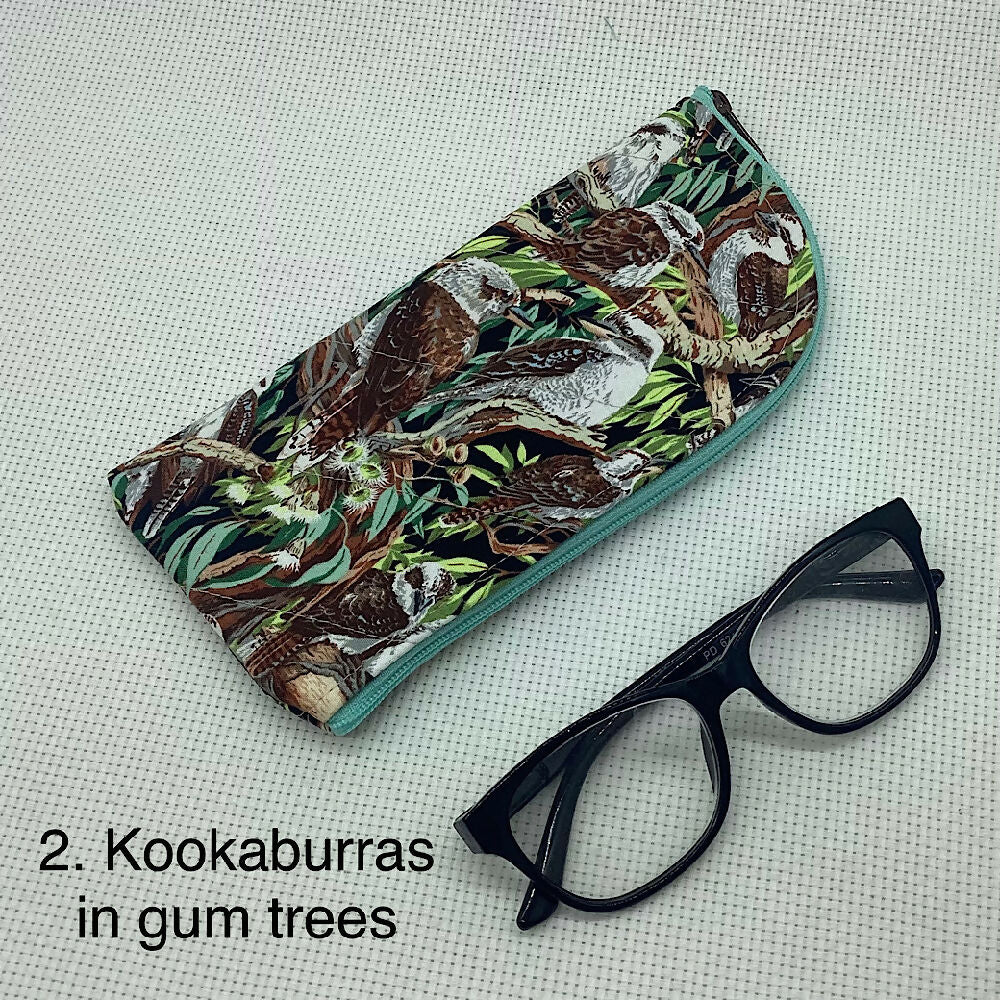 Australian Kookaburras curved top zip pouch for glasses, phones, handbag organiser, etc.