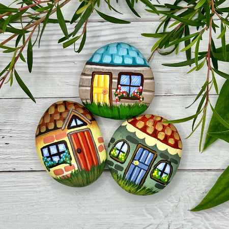 Set of 3 hand painted wonky cottage rock magnets