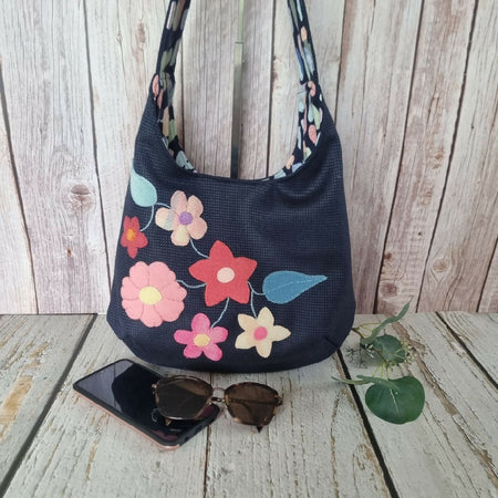 Upcycled bright flower applique hobo bag