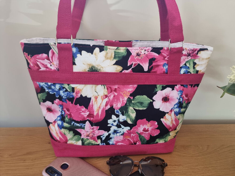 Upcycled tote - bright florals on black with magenta contrast