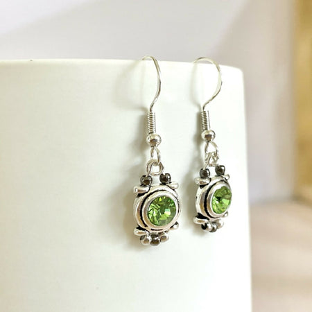 Green crystal and silver vintage style dangle earrings