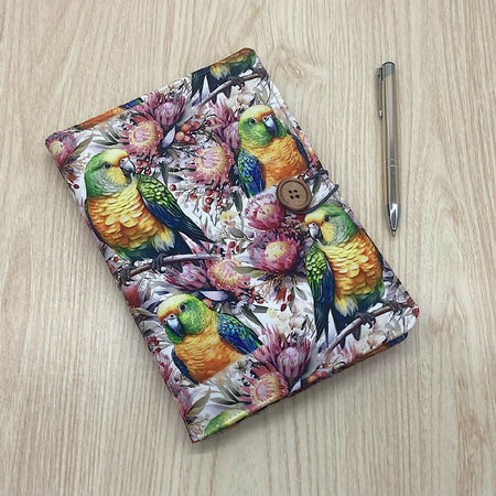 Australian birds parrots refillable A5 fabric notebook cover gift set - Incl. book and pen.