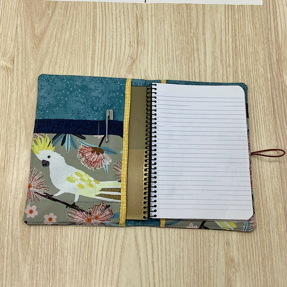 Cockatoos refillable A5 fabric notebook cover gift set - Incl. book and pen.