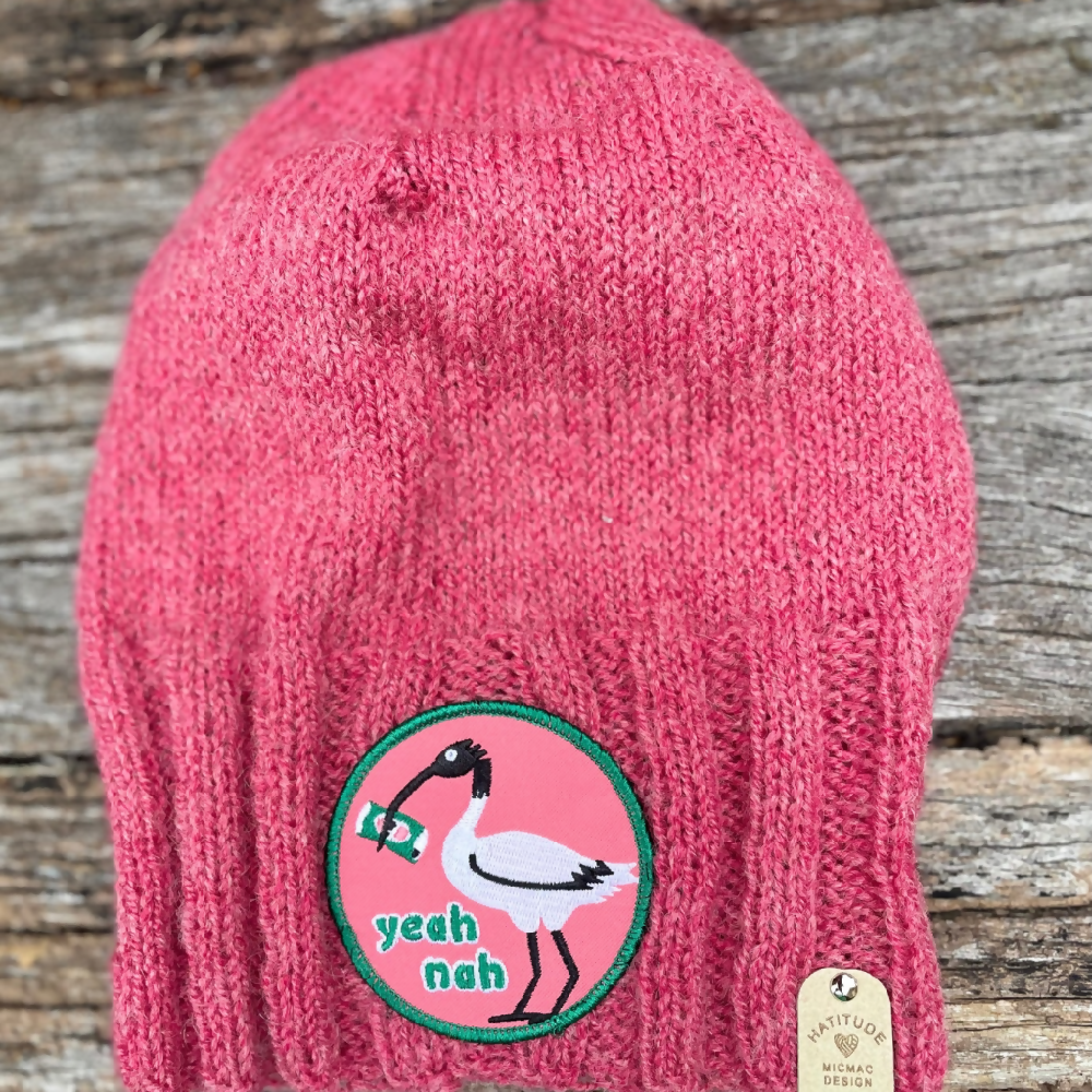 HATITUDE Pink Ibis Handknitted beanie with “Yea Nah” Patch
