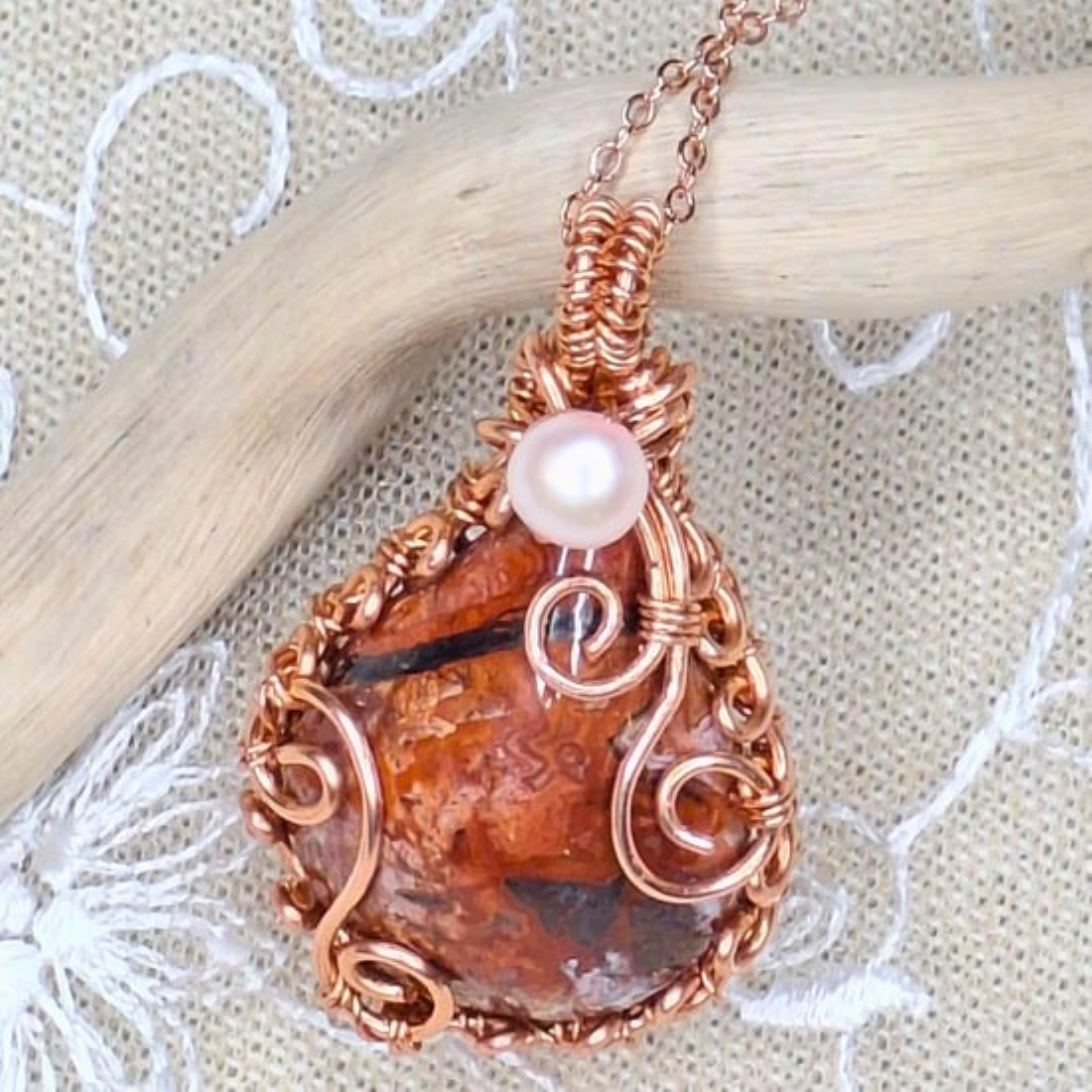 Ember Bloom - Copper wire wrapped Red Agate and pearl