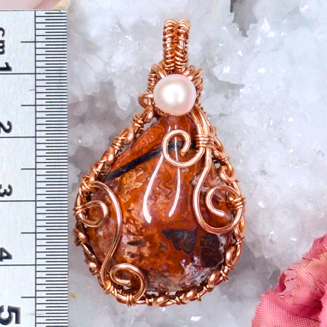 Ember Bloom - Copper wire wrapped Red Agate and pearl