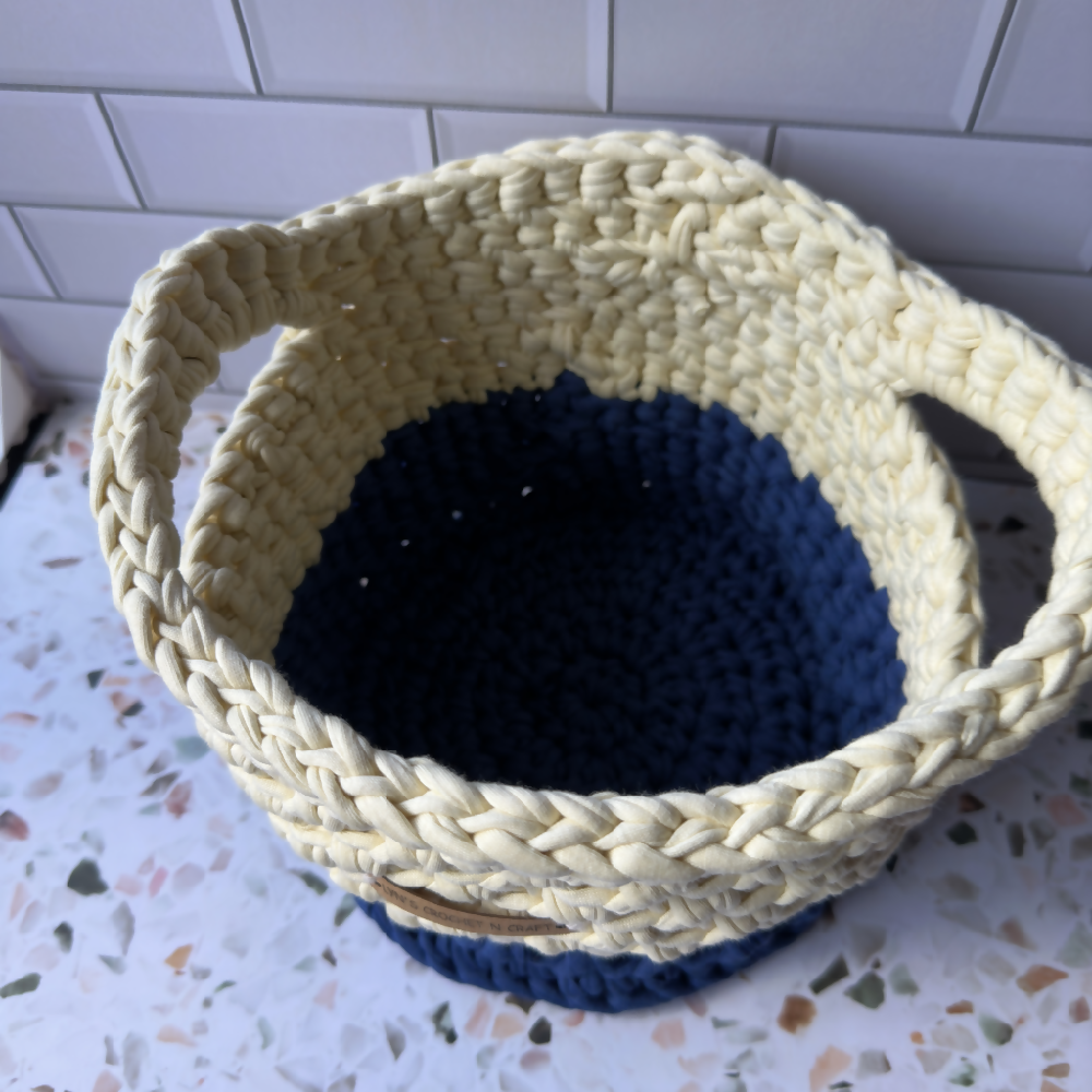 Handmade | Home Decor | Crochet Basket with handles | Recycled T-Shirt yarn | Blue & Cream