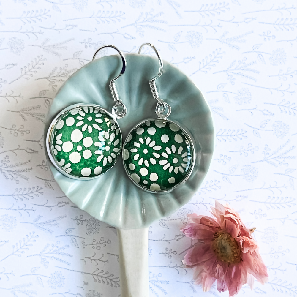 Green and White Japanese Paper Earrings