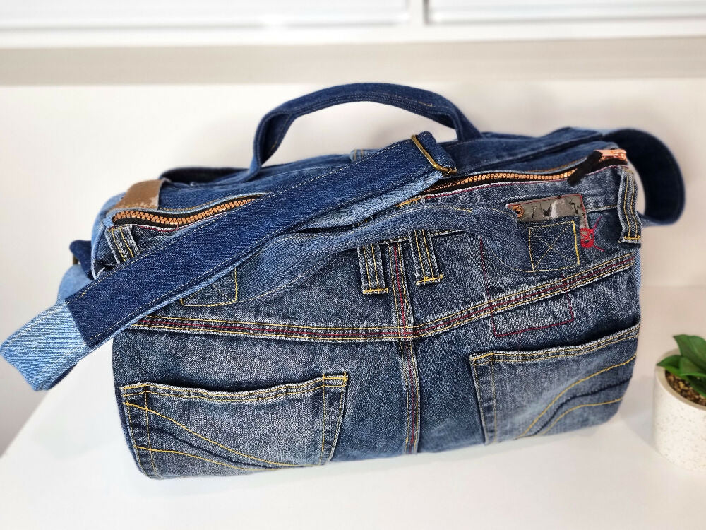 Overnight Bag in Upcycled Denim, Lined, Pockets