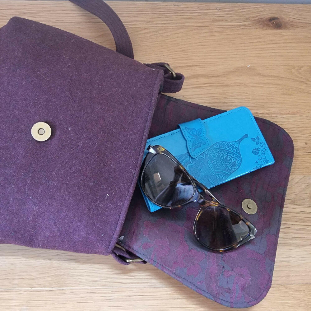 Upcycled mini messenger bag - rich plum & green