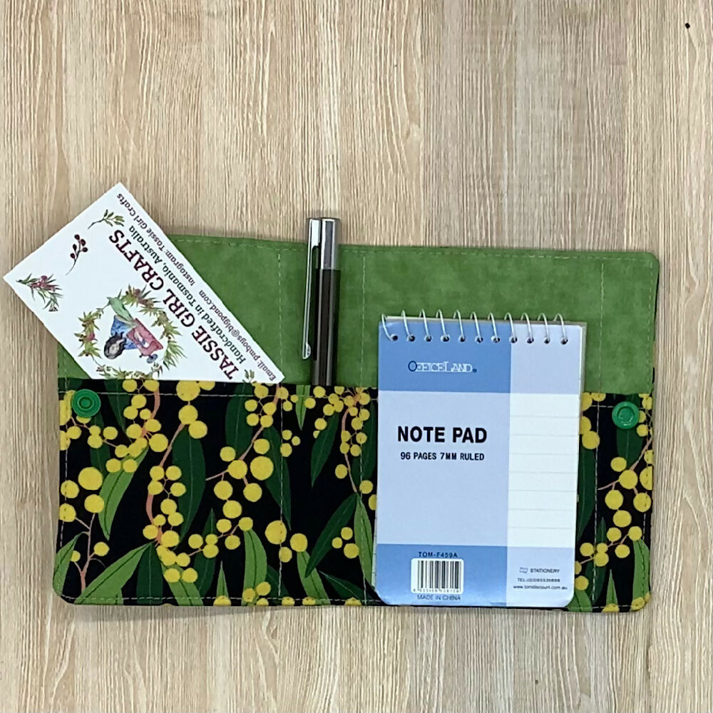 Australian Wattle refillable fabric pocket notepad cover with snap closure. Incl. book and pen.