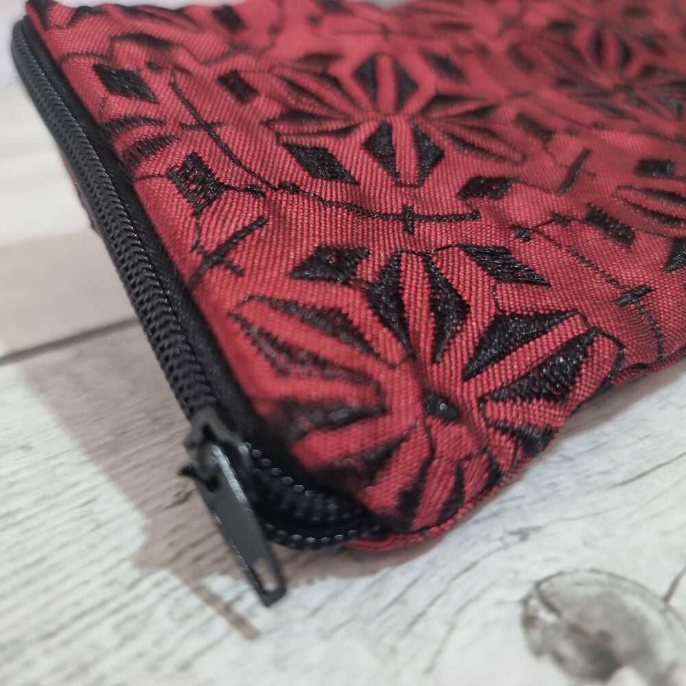 Upcycled double glasses pouch - embroidered black on burgundy