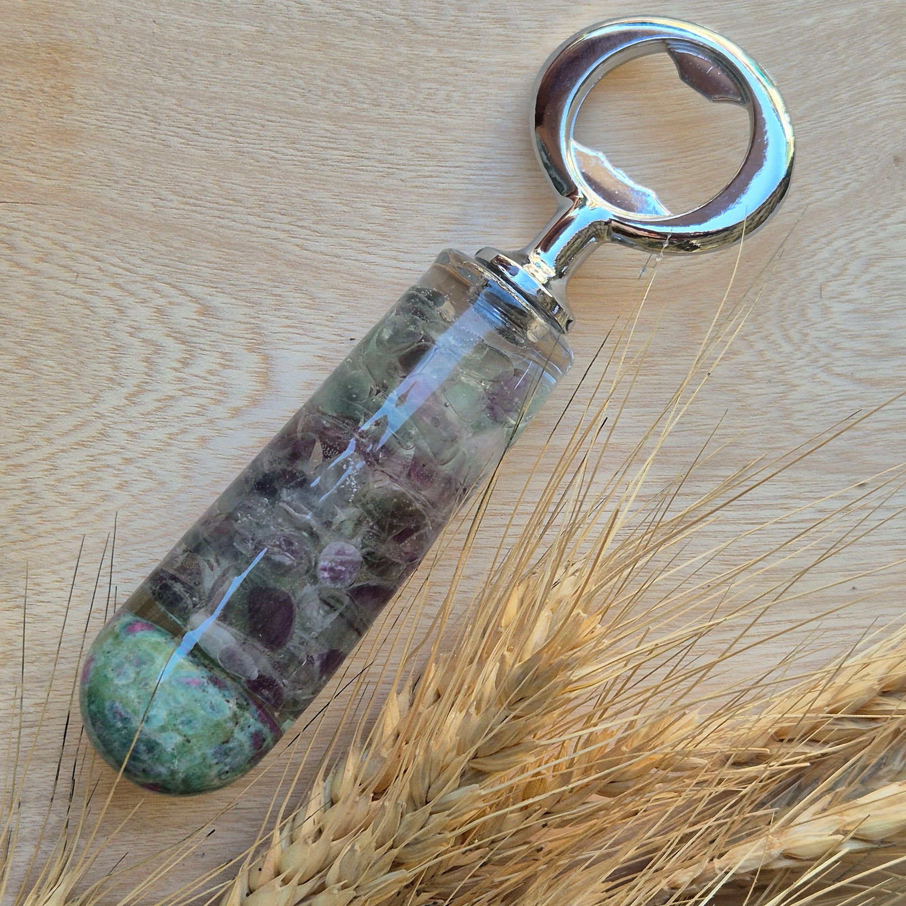 Handmade Resin Bottle Opener with embedded semi-precious stones