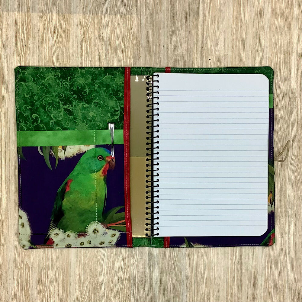 Australian Parrots Birds refillable A5 fabric notebook cover gift set - Incl. book and pen.